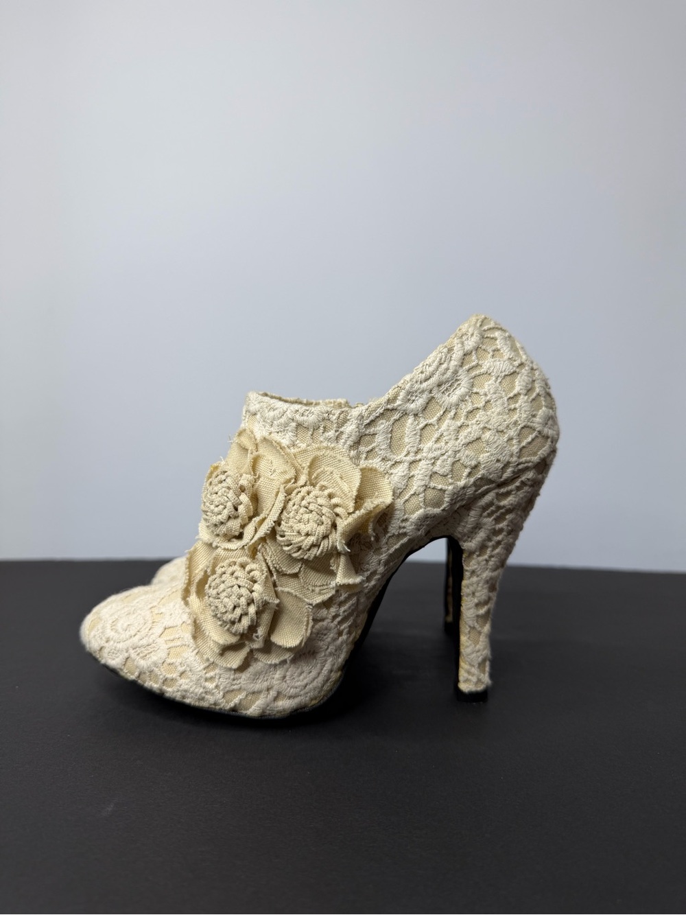 Lace Floral Accent High Heel Bootie - Cream